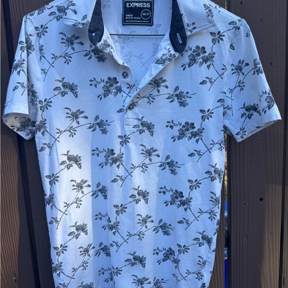 Express Black and White Floral Polo Shirt